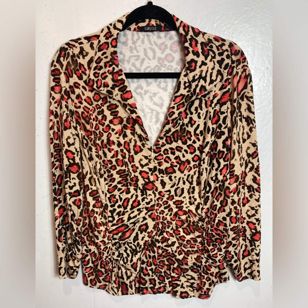 Carlisle Top XL Animal Print Brown Pink Full Zip Up Ruched Stretch Knit Blouse